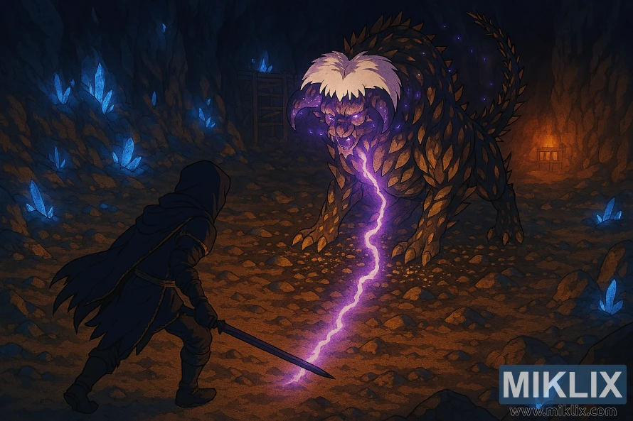 ଏକ ସ୍ଫଟିକ ଗୁମ୍ଫାରେ ଫଲିଂଷ୍ଟାର ବିଷ୍ଟ ସହିତ ଲଢ଼ୁଥିବା ଟାର୍ଣ୍ଣିସ୍‌ର ଆନିମେ-ଶୈଳୀର ଆଇସୋମେଟ୍ରିକ୍ ପ୍ରତିଛବି