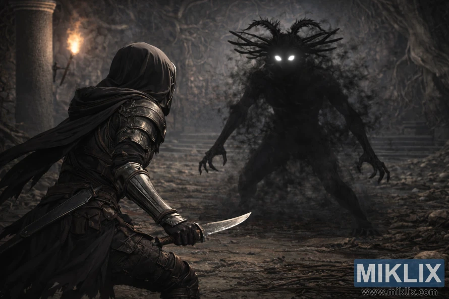 Donker fantasie Elden Ring-aanhangerkuns wat die Tarnished in Black Knife-pantser wys wat die Cemetery Shade van naby binne die Black Knife-katakombes in die gesig staar.