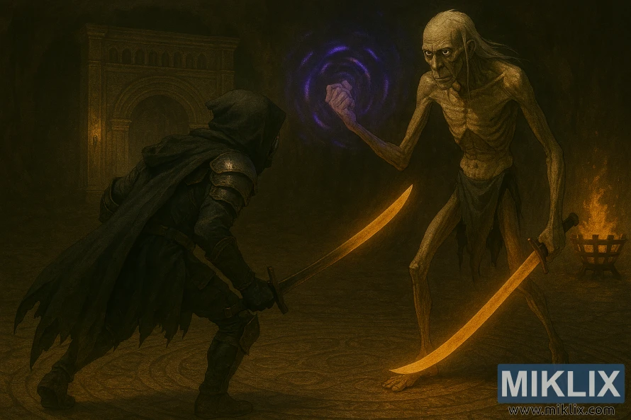 Semi-realistic fantasy illustration of the Tarnished in Black Knife armor facing a towering Onyx Lord in Elden Ring's Sealed Tunnel