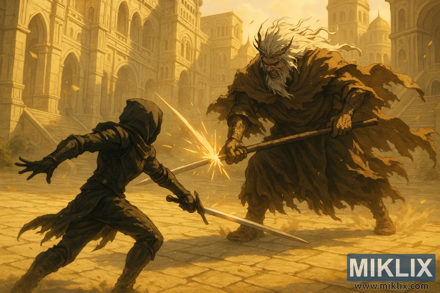 Semi-realistic fantasy painting of the Tarnished lunging with a one-handed sword at Morgott the Omen King in a golden Leyndell courtyard, their weapons colliding in a burst of sparks.