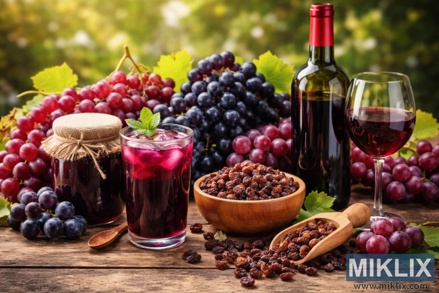 Still life photograph of grape juice, grape jelly, red wine, raisins, and fresh grapes arranged on a rustic wooden table outdoors.