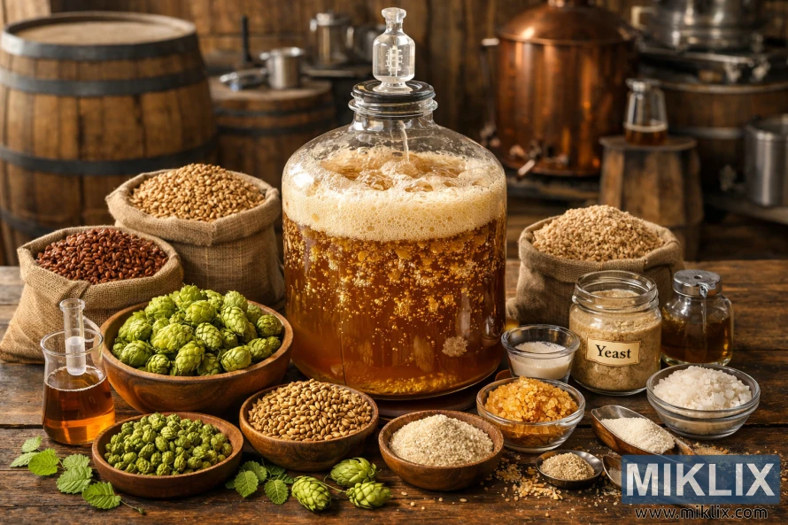 Стаклен ферментатор со активно ферментирање на пиво опкружен со хмељ, зрна, квасец и состојки за подготовка во рустична пиварница. Стаклен ферментатор со активно ферментирање на пиво опкружен со хмељ, зрна, квасец и состојки за подготовка во рустична пиварница.