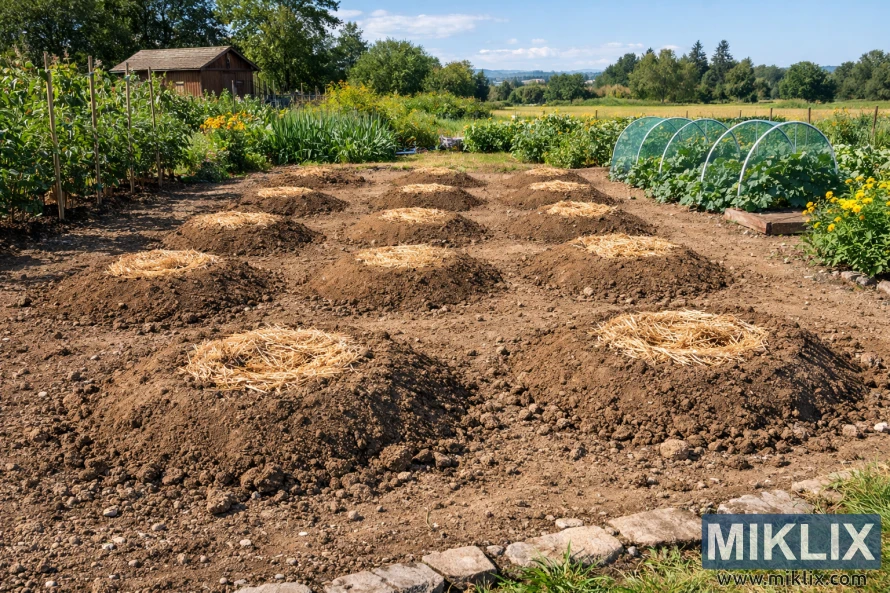 Ngastër kopshti me diell, me grumbuj dheu të shpërndarë në mënyrë të barabartë të mbuluar me mbulesë prej kashte, e përgatitur për rritjen e pjeprit, e rrethuar nga perime dhe gjelbërim.