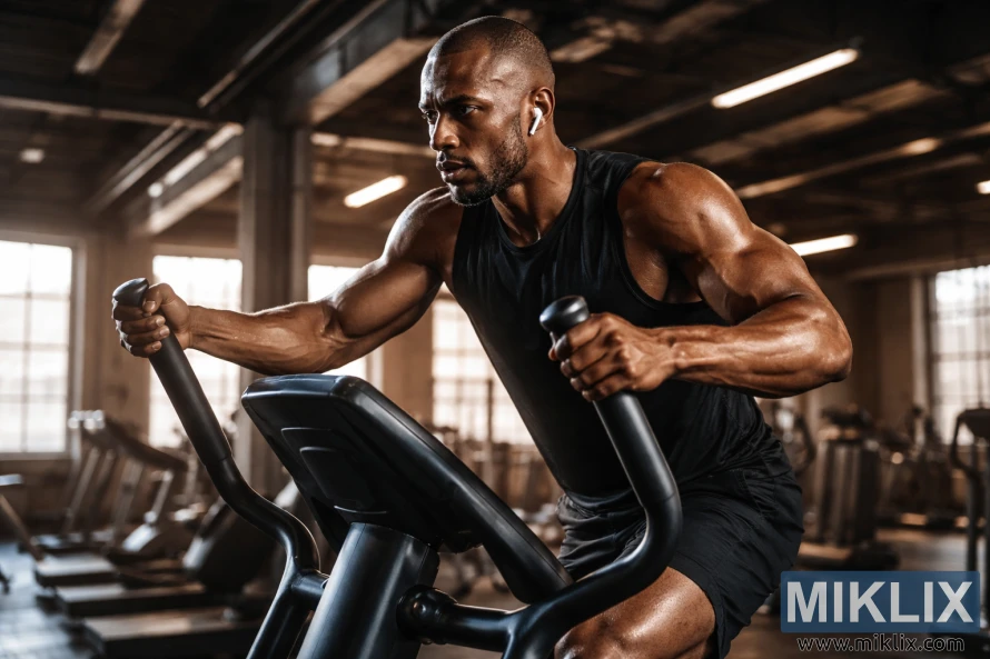 دھوپ کی روشنی والے صنعتی طرز کے جم میں بیضوی مشین پر زور سے زور لگاتے ہوئے کھلاڑی، پٹھے جھکے ہوئے ہیں اور پسینہ نظر آرہا ہے۔