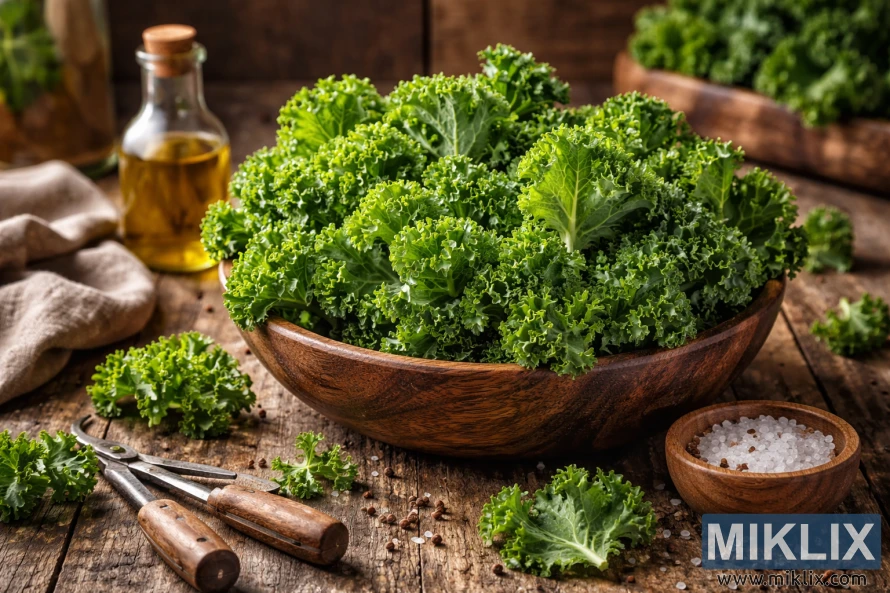 A wooden bowl overflowing with fresh curly kale on a rustic table, surrounded by olive oil, salt, and vintage shears in warm natural light.
