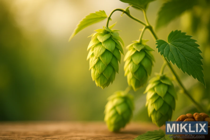 Gros plan détaillé des cônes de houblon Groene Bel vibrants illuminés par la lumière chaude du soleil, avec des feuilles dentelées et un fond vert doux.