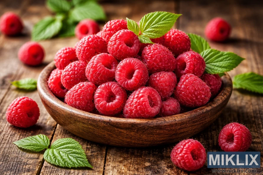 மென்மையான இயற்கை வெளிச்சத்தில் ஒரு பழமையான மர மேசையில் பச்சை இலைகளுடன் கூடிய புதிய சிவப்பு ராஸ்பெர்ரிகளின் கிண்ணம்.