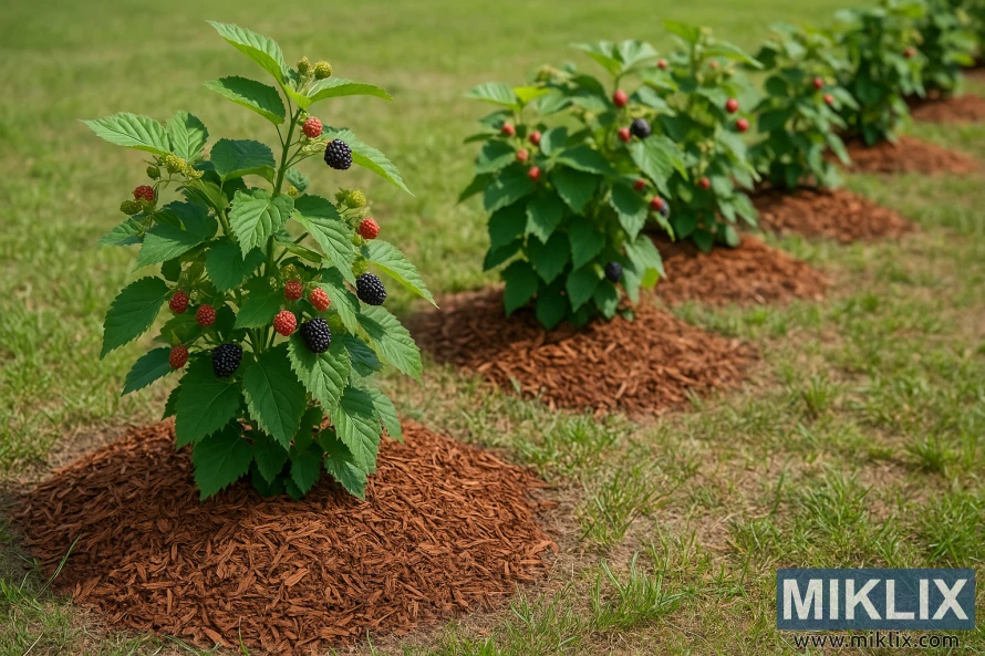 Jaunų gervuogių augalų eilė su žaliais lapais ir nokstančiomis uogomis, apsupta rausvai rudos medienos mulčio žolėtame sode. Jaunų gervuogių augalų eilė su žaliais lapais ir nokstančiomis uogomis, apsupta rausvai rudos medienos mulčio žolėtame sode.