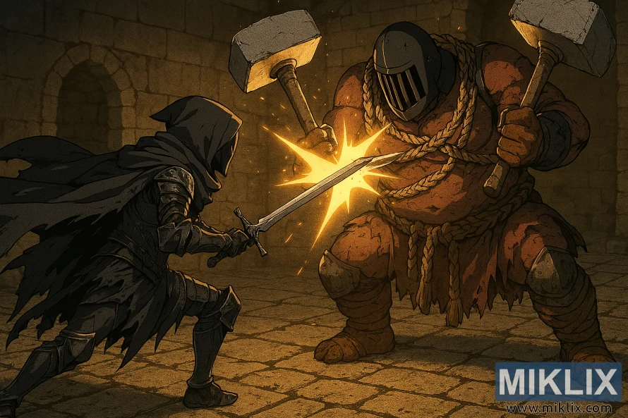 Anime-style battle scene of Tarnished facing Grave Warden Duelist with dual hammers in Elden Ring