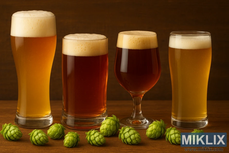 Serebrianka komlóval főzött sörök poharai fán, friss zöld komlótobozokkal az előtérben, meleg megvilágításban. Serebrianka komlóval főzött sörök poharai fán, friss zöld komlótobozokkal az előtérben, meleg megvilágításban.