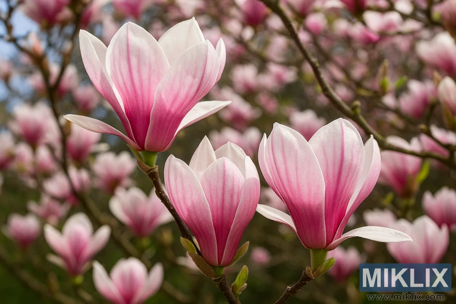 Landscape photo of Saucer Magnolia with large pink and white tulip-shaped flowers against soft blue sky and branches.