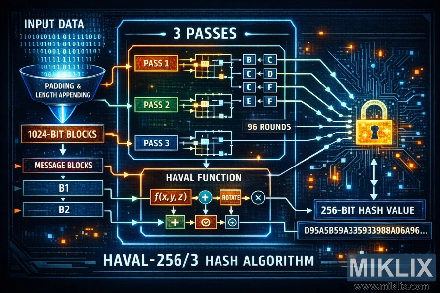 Infographic showing HAVAL-256/3 with input padding, 1024-bit blocks, three passes totaling 96 rounds, HAVAL function operations, and a final 256-bit hash output.