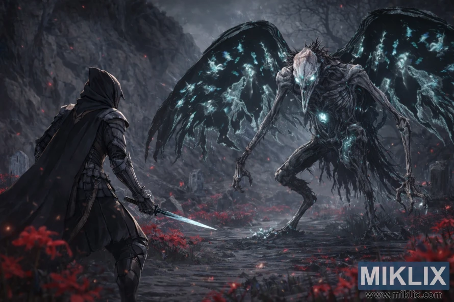 Isometric dark fantasy view of the Tarnished confronting the towering Death Rite Bird in a flooded graveyard surrounded by ruins and cliffs. Isometric dark fantasy view of the Tarnished confronting the towering Death Rite Bird in a flooded graveyard surrounded by ruins and cliffs.