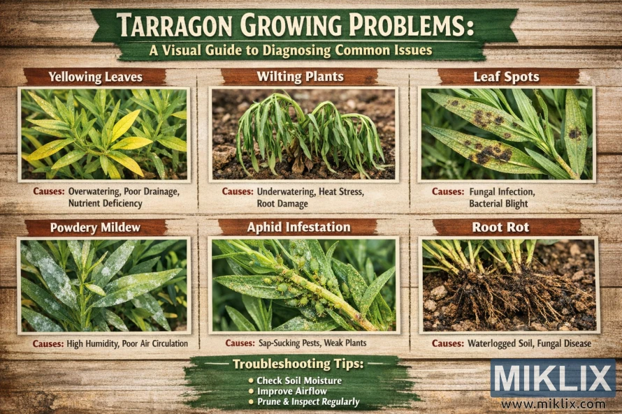 Landscape infographic showing common tarragon plant problems such as yellowing leaves, wilting, leaf spots, powdery mildew, aphids, and root rot with causes and tips.