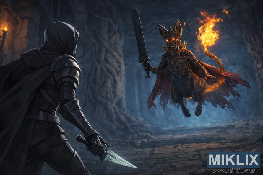 લડાઈ શરૂ થાય તે પહેલાં, ક્લિફબોટમ કેટાકોમ્બ્સમાં કાળા રંગના કેટકોમ્બ્સની અંદર, એર્ડટ્રી બ્યુરિયલ વોચડોગ બોસ, તલવાર અને જ્વલંત પૂંછડી સાથે તરતી બિલાડી જેવી પ્રતિમા સામે, ટાર્નિશ્ડ ઇન બ્લેક નાઇફ બખ્તરની એનાઇમ-શૈલીની ચાહક કલા.