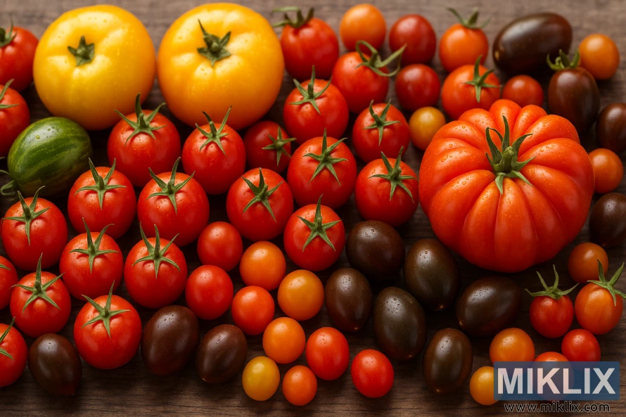Uma colorida seleção de tomates recém-colhidos de diversas variedades, dispostos sobre uma superfície rústica de madeira. Uma colorida seleção de tomates recém-colhidos de diversas variedades, dispostos sobre uma superfície rústica de madeira.