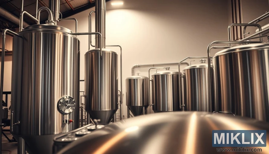 Moderne bryggeri med rugbryggetanker i rustfritt stål og meskekar.