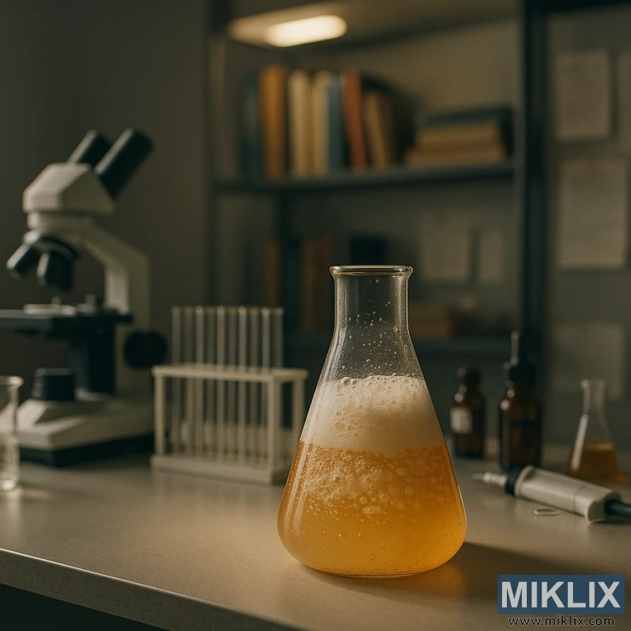 A laboratory workbench with a bubbling Erlenmeyer flask of fermenting yeast, surrounded by glassware and equipment under soft, warm light. A laboratory workbench with a bubbling Erlenmeyer flask of fermenting yeast, surrounded by glassware and equipment under soft, warm light.