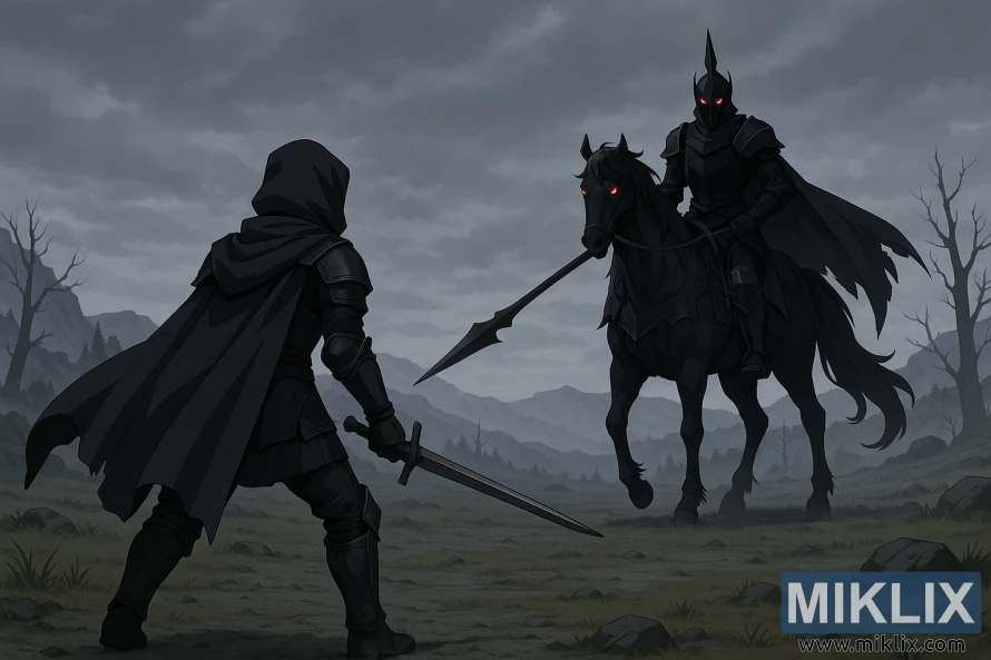 Adegan gaya anime yang menunjukkan Tarnished menghadap Pasukan Berkuda Malam dengan menunggang kuda dari pandangan kamera bertingkat yang ditarik ke belakang di tanah terbiar berkabus.