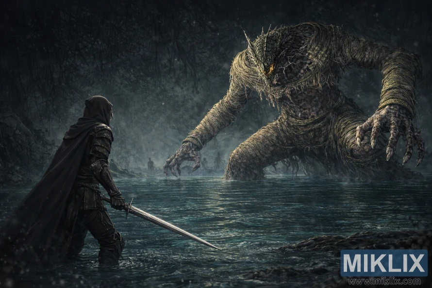 Víðtæk, dökk fantasíusena sem sýnir Tarnished að aftan, vinstra megin, veifa sverði á meðan þeir standa frammi fyrir risavaxna Dragonkin-hermanninum frá Nokstella í Ainsel-ánni. Víðtæk, dökk fantasíusena sem sýnir Tarnished að aftan, vinstra megin, veifa sverði á meðan þeir standa frammi fyrir risavaxna Dragonkin-hermanninum frá Nokstella í Ainsel-ánni.