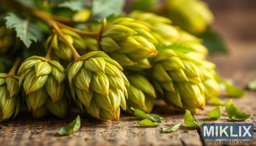 Nærbilde av nyhøstede First Gold-humlekjegler på en rustikk treflate.