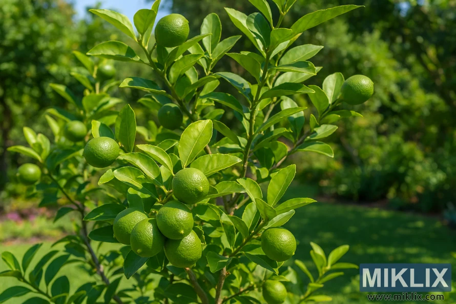 A vibrant key lime tree with ripening green fruit growing in a sunny garden