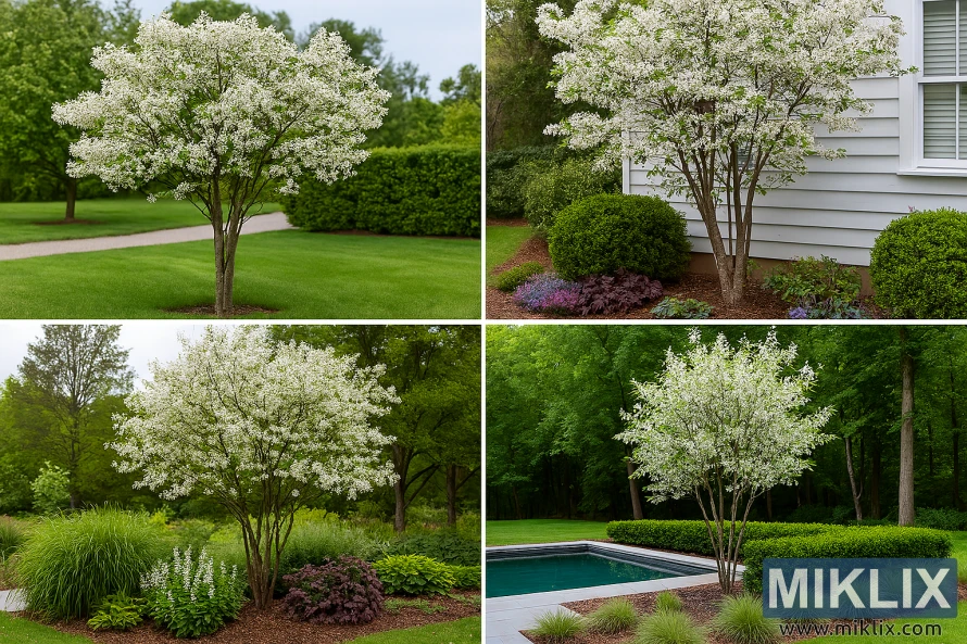 Landscape collage of serviceberry trees in bloom across four garden settings: lawn, house foundation, mixed border, and modern poolside. Landscape collage of serviceberry trees in bloom across four garden settings: lawn, house foundation, mixed border, and modern poolside.