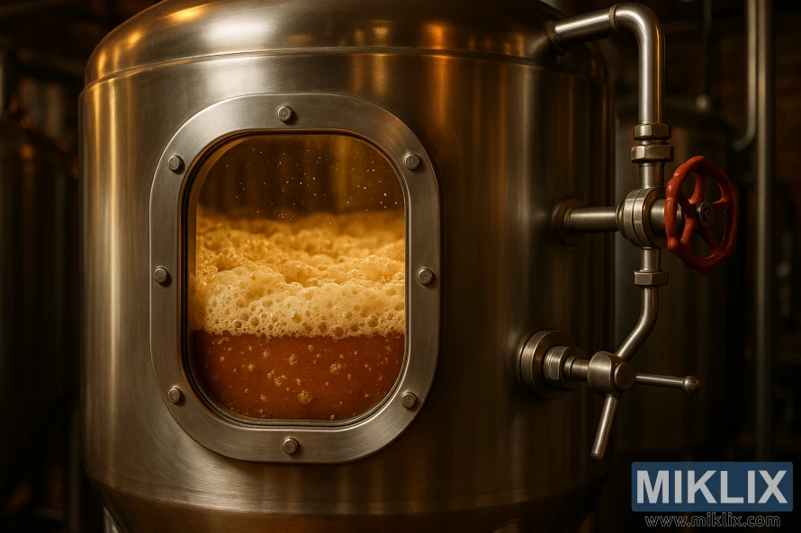 Un réservoir de fermentation en acier inoxydable avec une fenêtre en verre montrant une ale anglaise mousseuse en fermentation sous un éclairage chaud dans une brasserie. Un réservoir de fermentation en acier inoxydable avec une fenêtre en verre montrant une ale anglaise mousseuse en fermentation sous un éclairage chaud dans une brasserie.