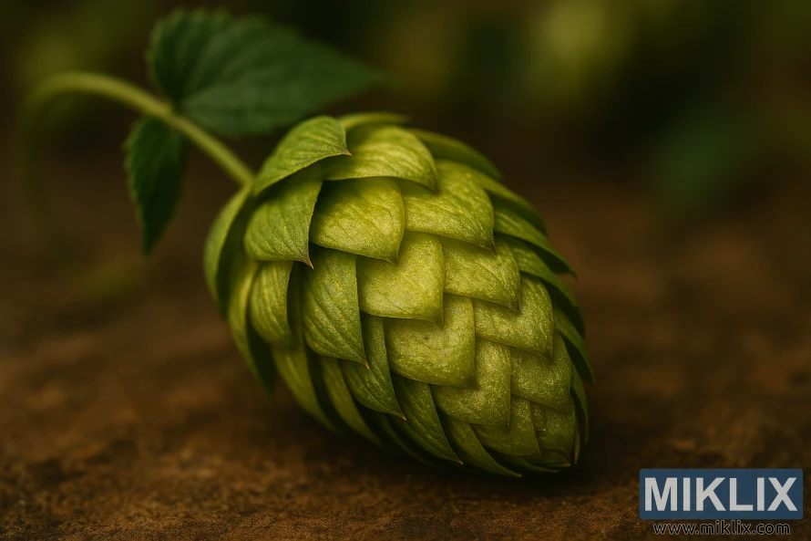 Makrofotografi af en friskhøstet humlekogle, hvis gyldengrønne skæl glimter under varmt naturligt lys på en jordagtig overflade.