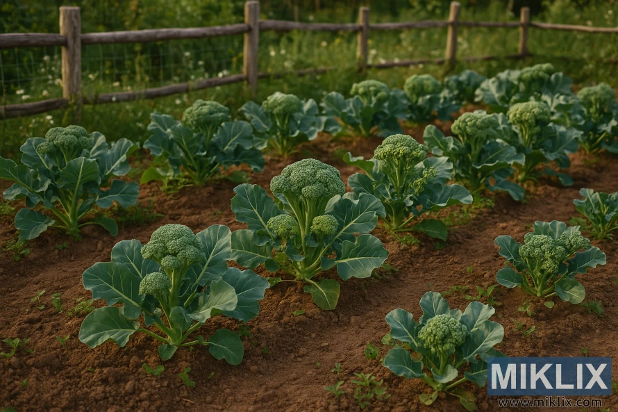 Rows of broccoli plants growing in rich soil within a rustic wooden-fenced vegetable garden during springtime. Rows of broccoli plants growing in rich soil within a rustic wooden-fenced vegetable garden during springtime.