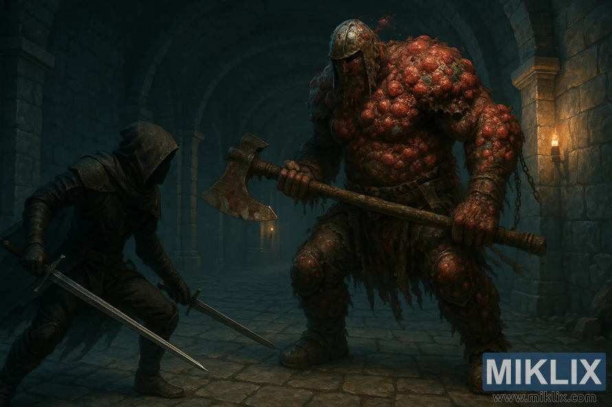 סצנת פנטזיה אפלה של לוחם סכין שחורה מול דו-קרב שומר קברים רקוב, אוחז בגרזן דו-ידי ענק בקטקומבה מאבן כחולה-אפורה.