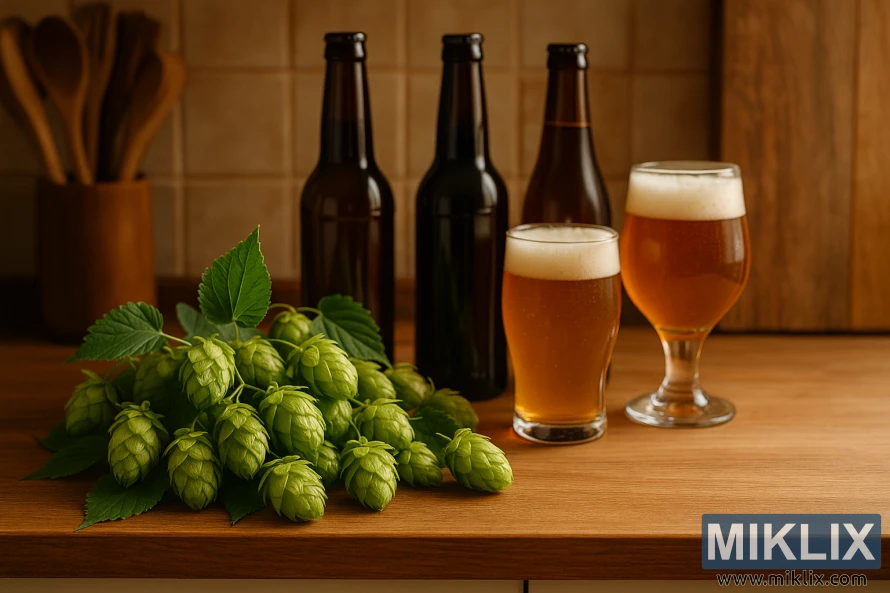 Шинэхэн ногоон хоп боргоцой модон лангуун дээр шар айрагны шил болон дүүргэсэн шилний хажууд байгалийн дулаан гэрэлд. Шинэхэн ногоон хоп боргоцой модон лангуун дээр шар айрагны шил болон дүүргэсэн шилний хажууд байгалийн дулаан гэрэлд.