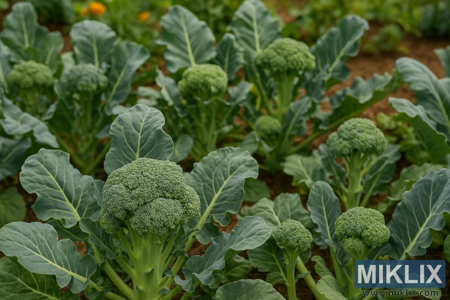 Multiple broccoli plants at various stages of growth in a home garden, with large green leaves and visible broccoli heads forming. Multiple broccoli plants at various stages of growth in a home garden, with large green leaves and visible broccoli heads forming.