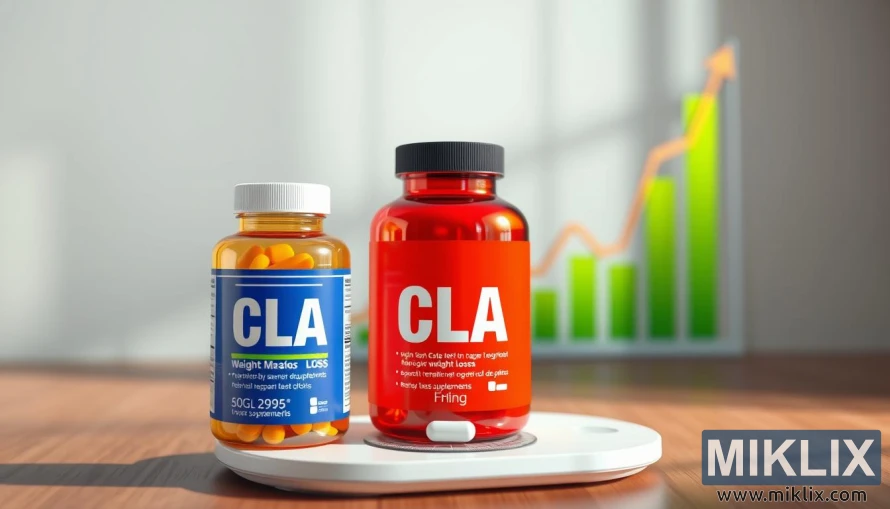 Persona en una bàscula amb una ampolla de suplement CLA en primer pla i un gràfic de pèrdua de pes al darrere.