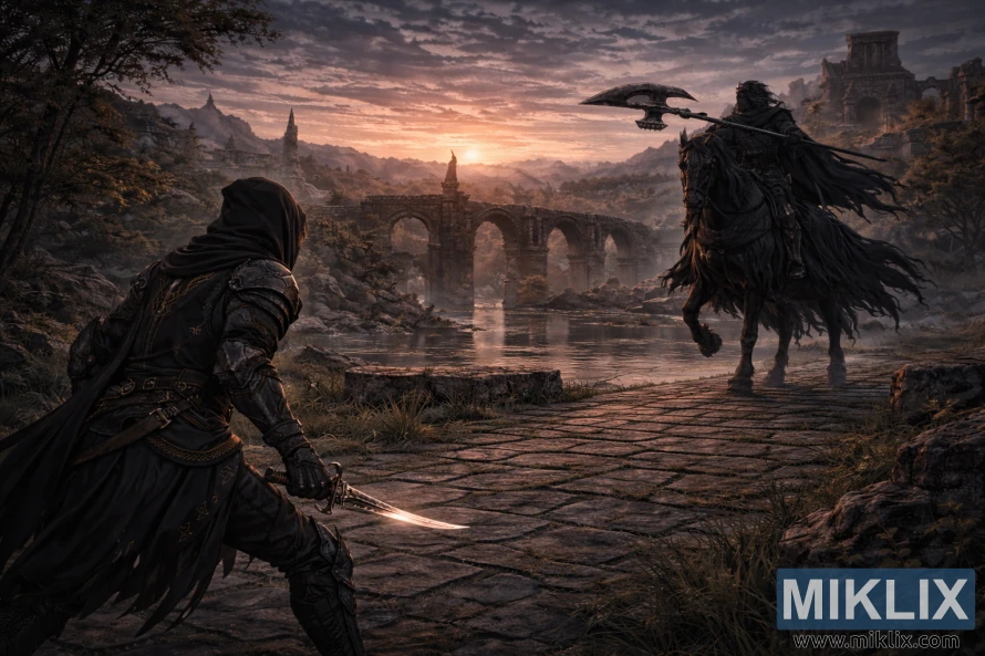 مشهد خيالي مظلم يظهر فيه المحاربون الملطخون بدروع السكاكين السوداء وهم يواجهون فرسان الليل على ظهور الخيل عند جسر بوابة المدينة قبل المعركة.