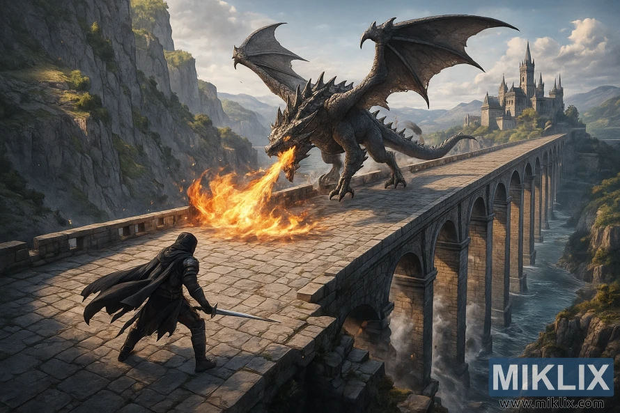 Realisztikus izometrikus jelenet a megfeketedett, a Repülő Sárkány Greyllről a Farum Nagyhídon, az Elden Ringen. Realisztikus izometrikus jelenet a megfeketedett, a Repülő Sárkány Greyllről a Farum Nagyhídon, az Elden Ringen.