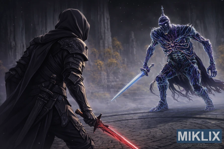 Anime-style fan art showing the Tarnished from behind in Black Knife armor facing Bols, Carian Knight, in Cuckoo’s Evergaol just before battle. Anime-style fan art showing the Tarnished from behind in Black Knife armor facing Bols, Carian Knight, in Cuckoo’s Evergaol just before battle.