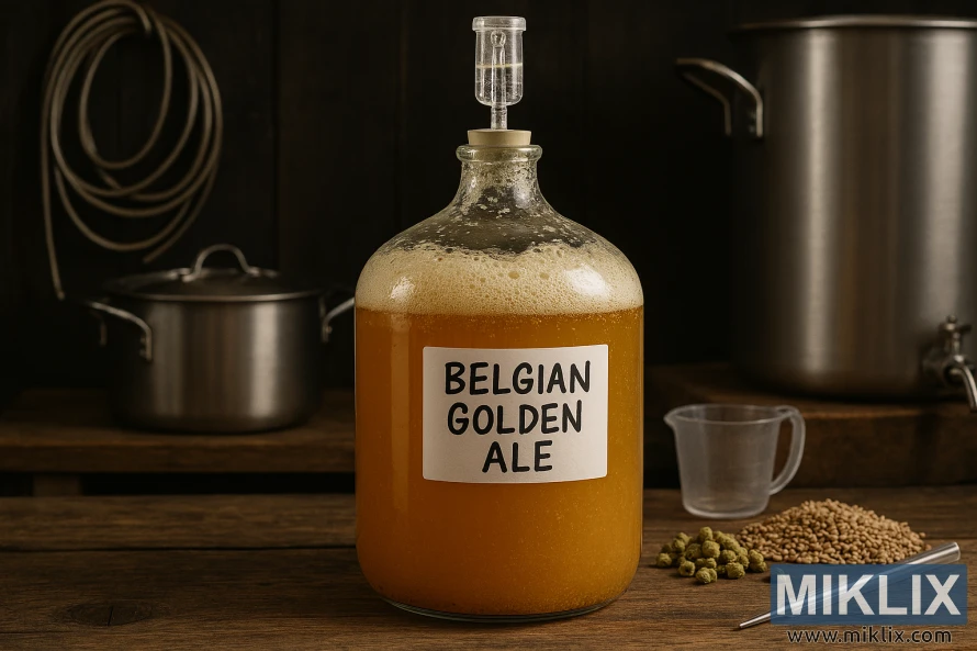 Glass carboy fermenting Belgian Golden Ale with krausen and brewing equipment on a wooden bench Glass carboy fermenting Belgian Golden Ale with krausen and brewing equipment on a wooden bench