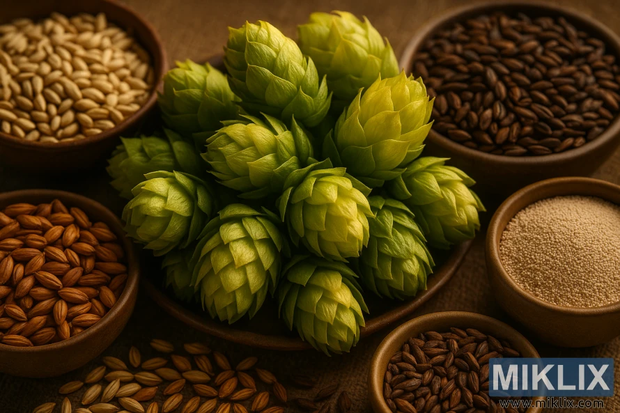 Solğun, karamel və qovrulmuş səməni qabları ilə əhatə olunmuş təzə yaşıl Riwaka hop konusları ilə natürmort aranjimanı və isti işıqlandırma altında çuval bezi səthində maya qabı. Solğun, karamel və qovrulmuş səməni qabları ilə əhatə olunmuş təzə yaşıl Riwaka hop konusları ilə natürmort aranjimanı və isti işıqlandırma altında çuval bezi səthində maya qabı.