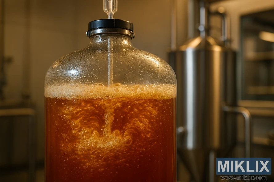 આધુનિક બ્રુઅરીમાં ગરમ પ્રકાશમાં બબલી એમ્બર બીયર સાથે ગ્લાસ ફર્મેન્ટર.