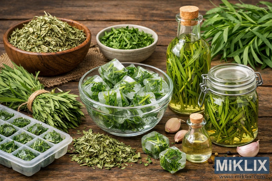 Still life showing dried tarragon, frozen tarragon in ice cubes, and tarragon preserved in vinegar on a rustic wooden table.