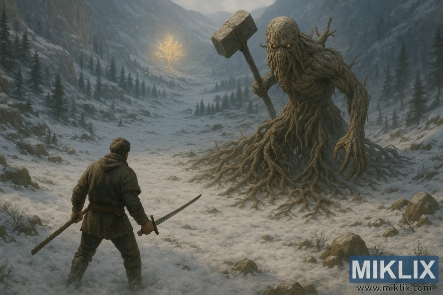 Isigcawu esingokoqobo seqhawe eliphethe izinkemba ezimbili ezibhekene nesihlahla esikhulu esifana ne-Erdtree Avatar ephethe isando setshe esigodini sezintaba ezineqhwa. Isigcawu esingokoqobo seqhawe eliphethe izinkemba ezimbili ezibhekene nesihlahla esikhulu esifana ne-Erdtree Avatar ephethe isando setshe esigodini sezintaba ezineqhwa.