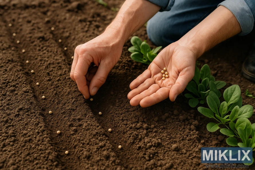 Крупный план: руки садовника сажают семена шпината в равномерные ряды плодородной почвы, рядом растут молодые растения шпината. Крупный план: руки садовника сажают семена шпината в равномерные ряды плодородной почвы, рядом растут молодые растения шпината.