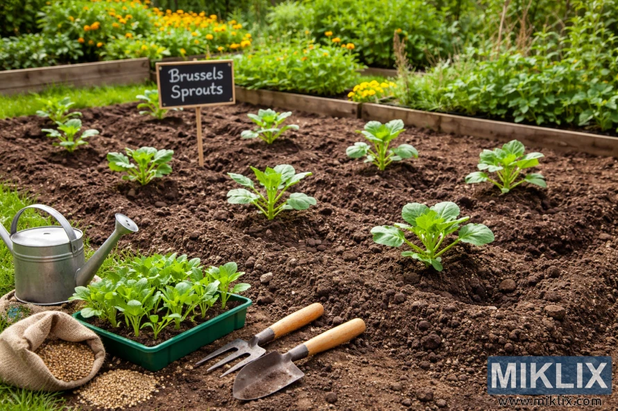Prepared garden soil with neatly spaced Brussels sprout seedlings, gardening tools, and a labeled sign in a well-maintained vegetable bed.