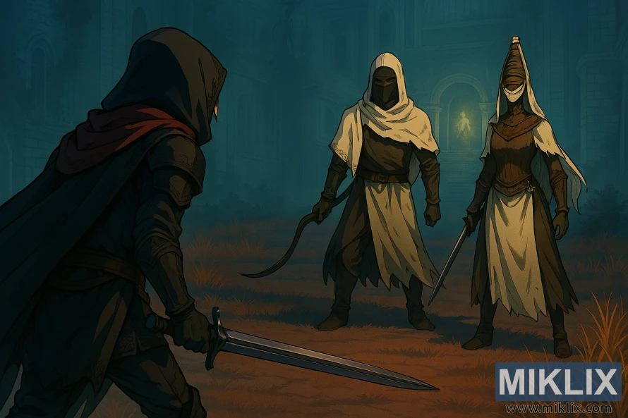 Anime-style fan art of the Tarnished in Black Knife armor facing Nox Swordstress and Nox Monk in Sellia Town of Sorcery Anime-style fan art of the Tarnished in Black Knife armor facing Nox Swordstress and Nox Monk in Sellia Town of Sorcery