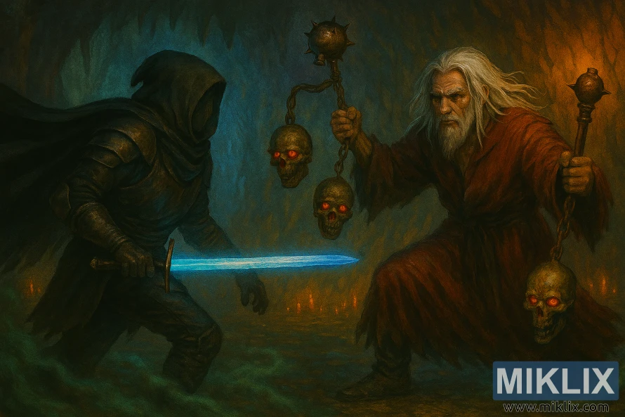 Semi-realistic Elden Ring fan art of the Tarnished in hooded Black Knife armor fighting Necromancer Garris Semi-realistic Elden Ring fan art of the Tarnished in hooded Black Knife armor fighting Necromancer Garris