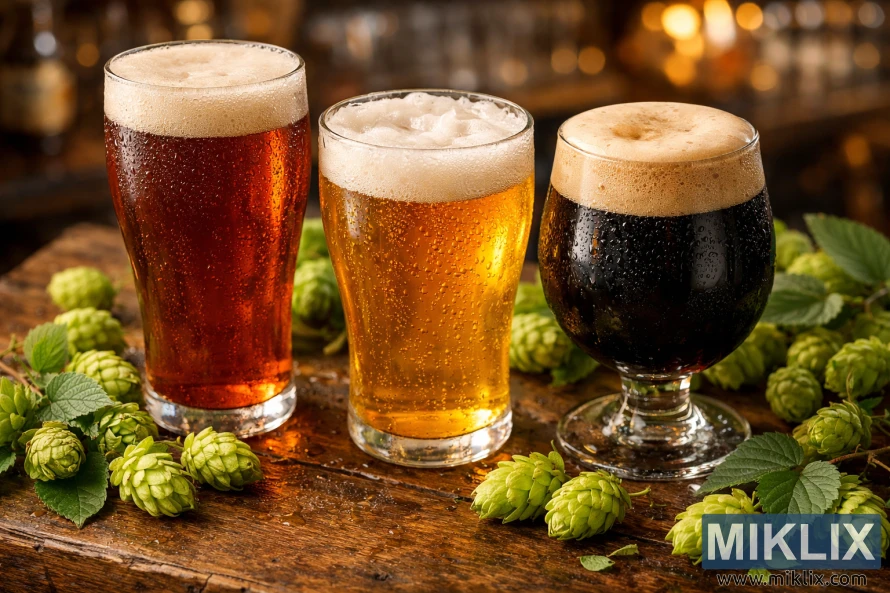 Three glasses of beer—amber lager, golden pale ale, and dark stout—on a rustic wooden table with fresh green hop cones, warmly lit with a softly blurred bar background.