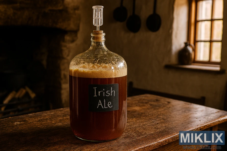 İrlandiya mətbəxində taxta masanın üzərində qıcqıran İrlandiya ale şüşəsi İrlandiya mətbəxində taxta masanın üzərində qıcqıran İrlandiya ale şüşəsi