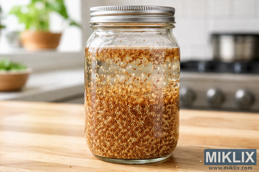 Glassmørglass fylt med vann og bløtleggende alfalfafrø på en treflate, med en mykt uskarp kjøkkenbakgrunn.