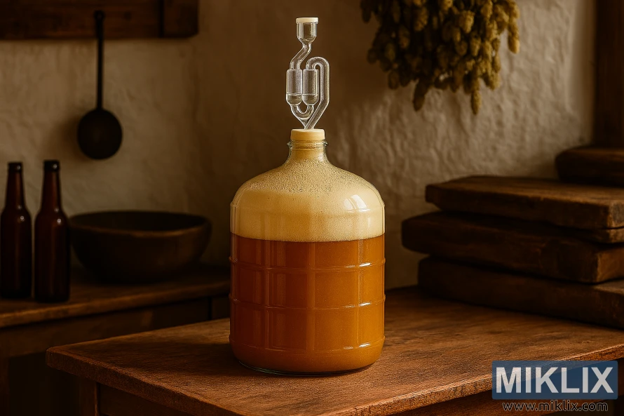 Stakleni demižon fermentira njemački lager na drvenom stolu u rustikalnoj pivarskoj sobi